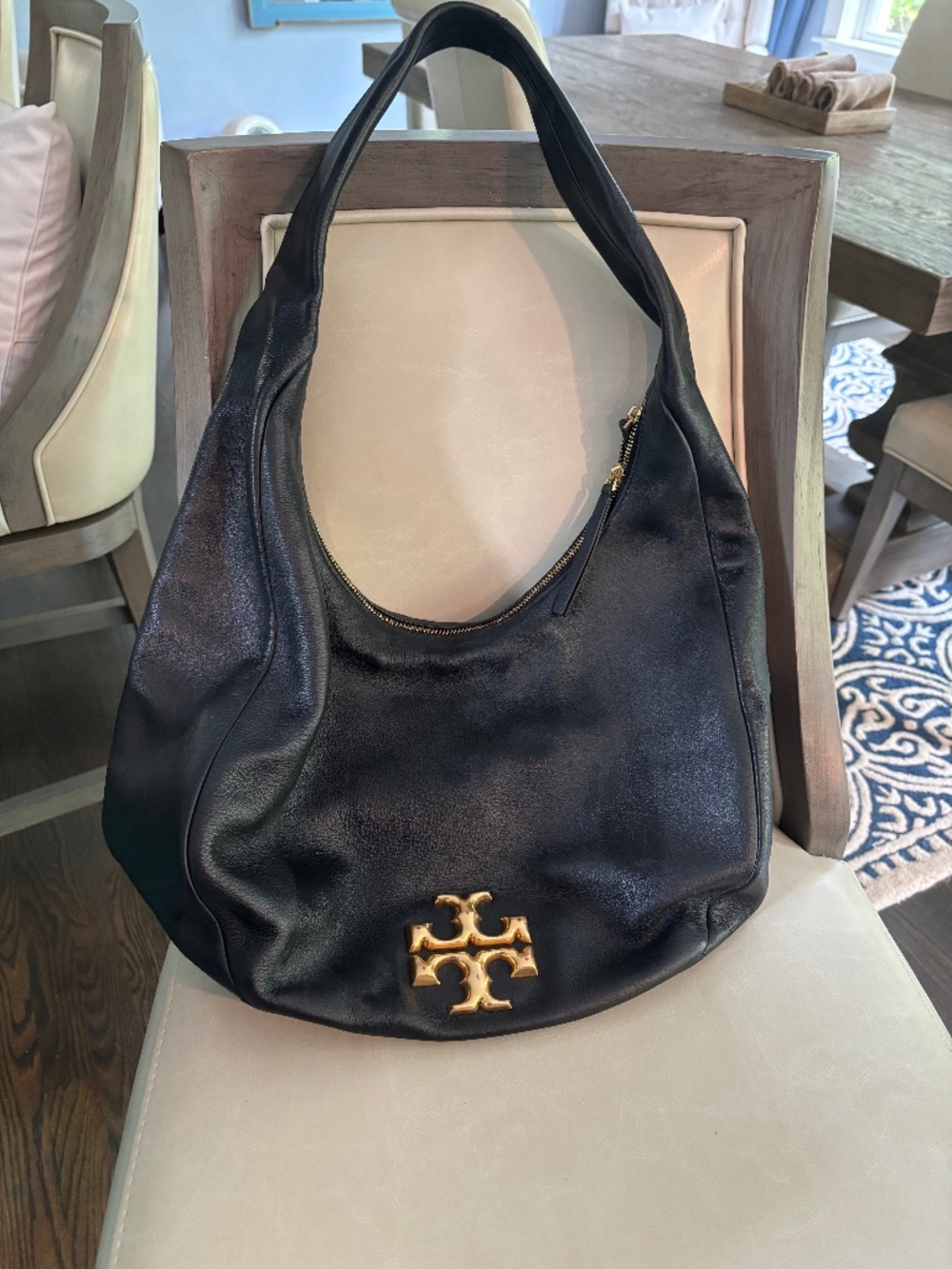 Tory Burch Kira Black Leather Hobo with Gold Logo